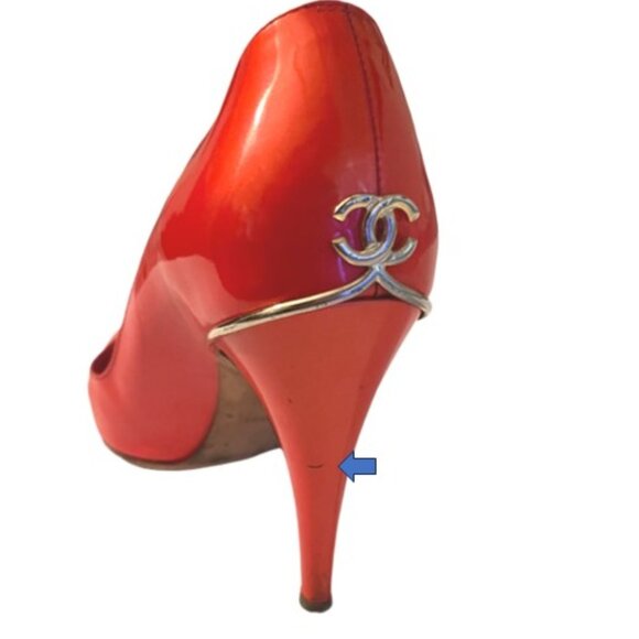 Chanel Coral Gold CC Logo Patent Leather Peep Toe High Heels Size 36.5 / US 6.5 - Picture 13 of 16